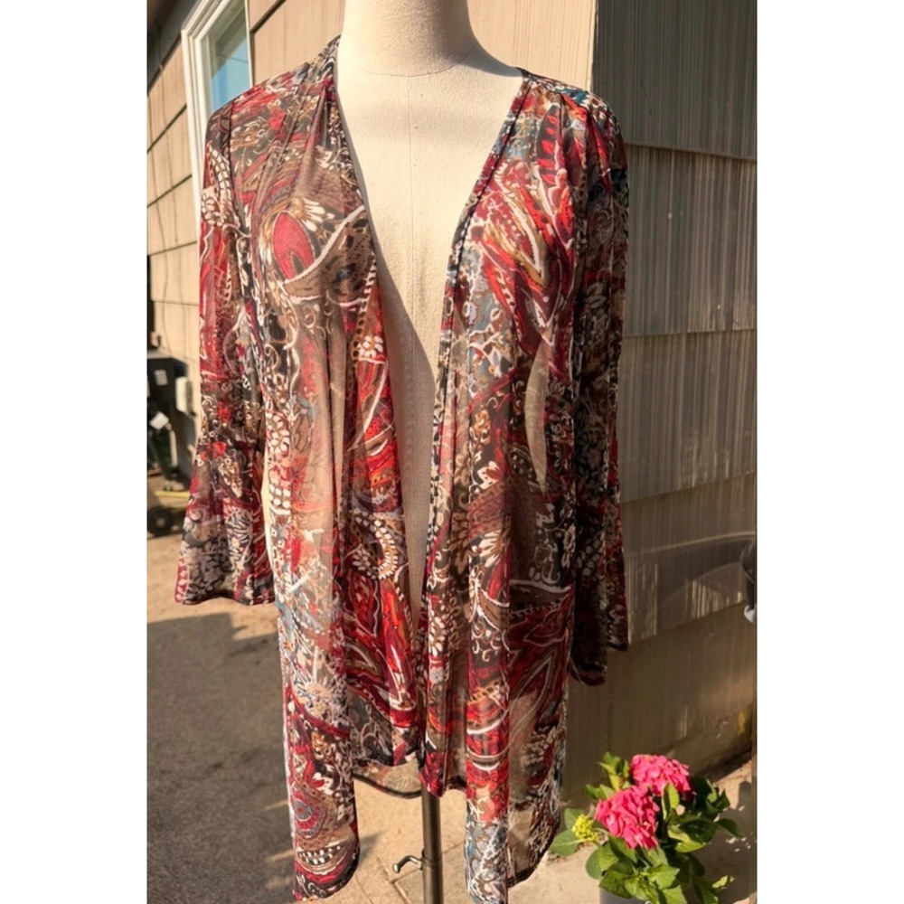 NorthStyle Womens Paisley Mesh Duster Cardigan Bell Sleeve Sheer Red Small